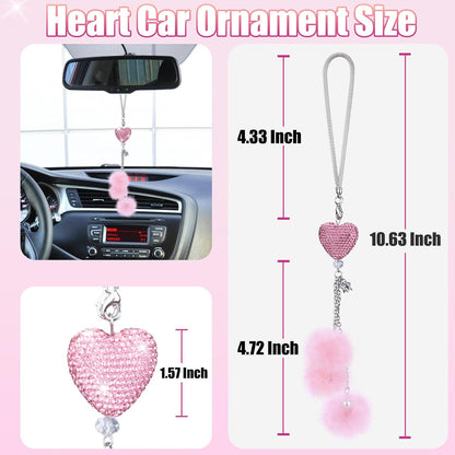 Bling Car Hanging Ornament, Bling Car Mirror Accessories for Women, Diamond Heart and Fuzzy Plush Ball, Car Accessories Hanging, Rear View Mirror Hanging Charm Pendant (Pink Heart, Pink Fluff)