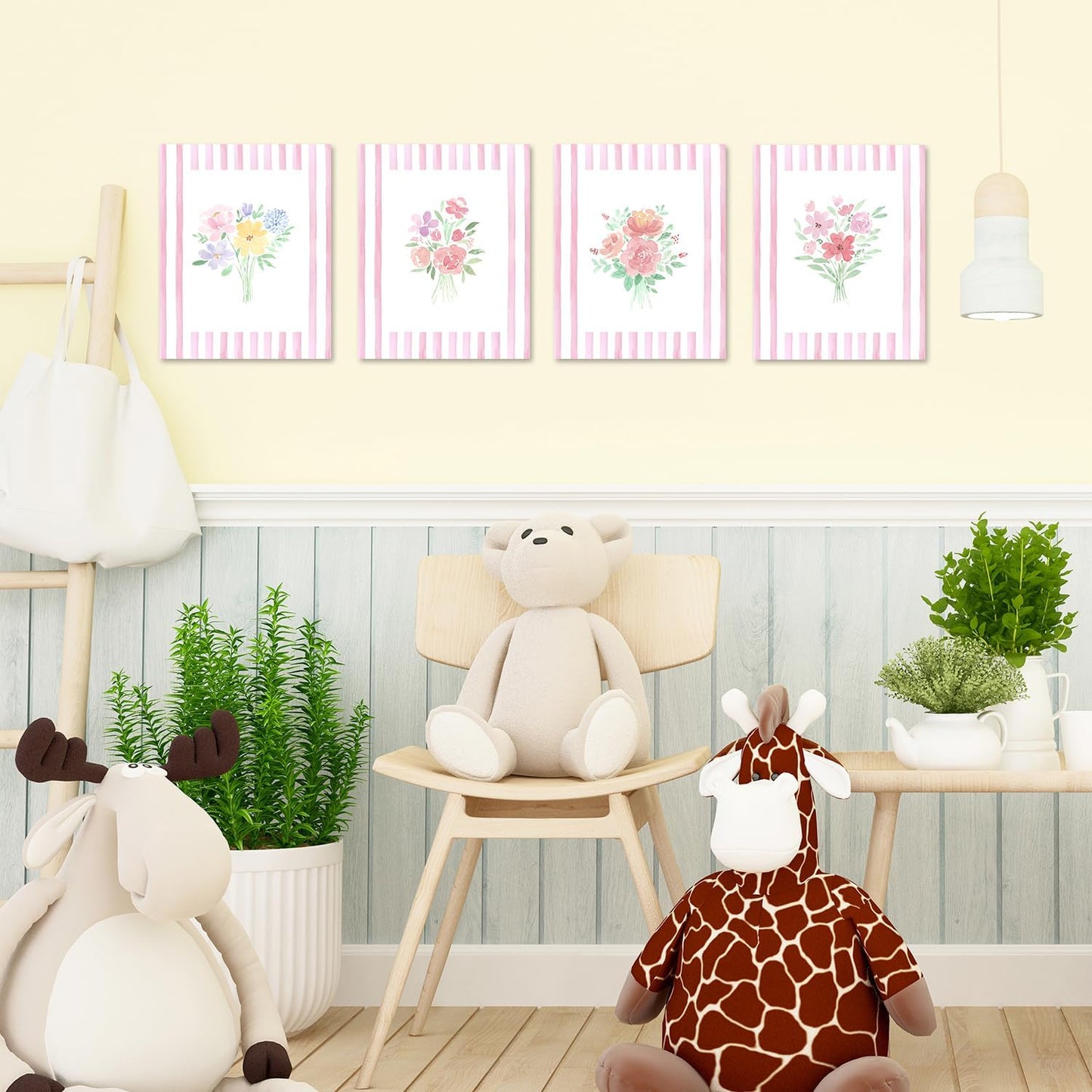 JINYO Preppy Pink and White Striped Floral Wall Art Prints Set of 4, Floral Room Decor, Pastel Rustic Wildflower Botanical Posters Pictures Wall Decor for Girls Bedroom Dorm, 8x10 Unframed