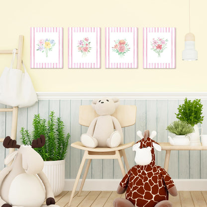JINYO Preppy Pink and White Striped Floral Wall Art Prints Set of 4, Floral Room Decor, Pastel Rustic Wildflower Botanical Posters Pictures Wall Decor for Girls Bedroom Dorm, 8x10 Unframed