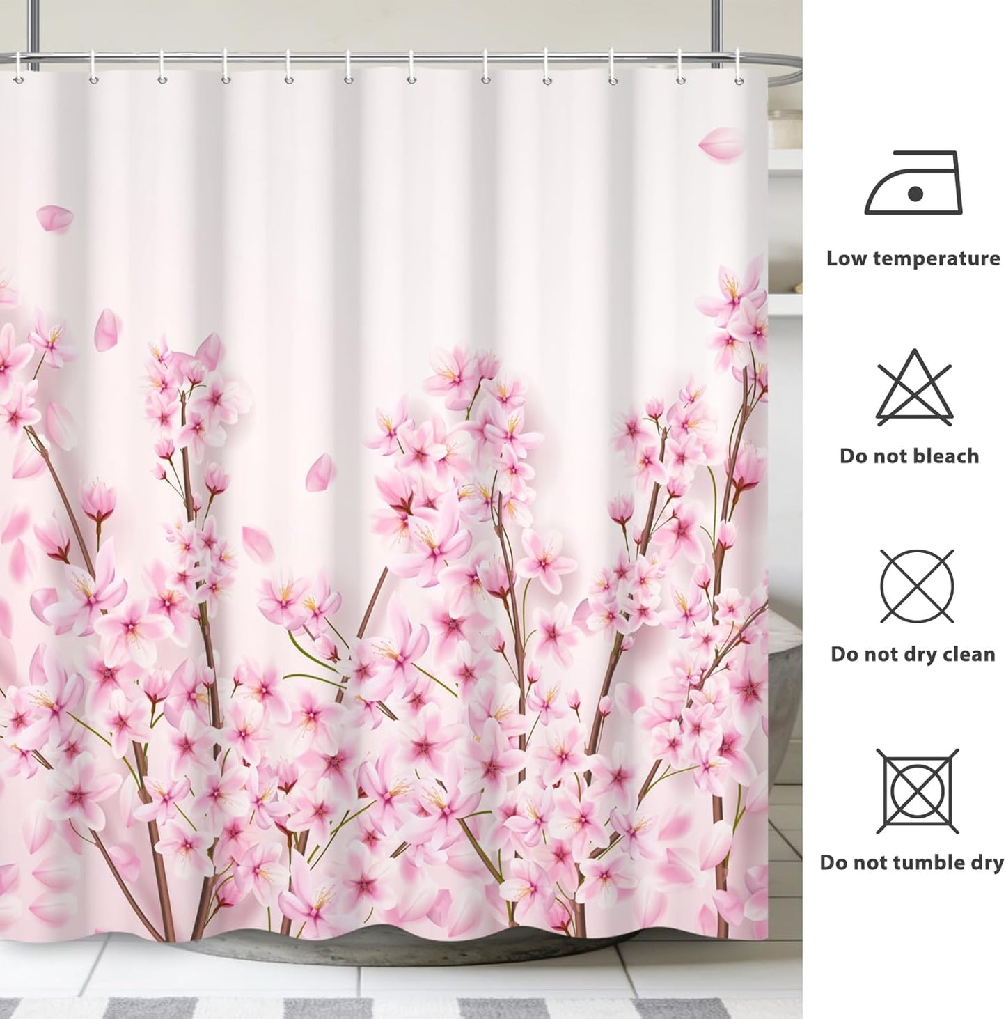 Renaiss 72x72 Inches Pink Cherry Blossom Shower Curtain Spring Pink Peach Floral Branches with Flower Buds Fabric Bath Shower Curtains for Bathroom Decor Waterproof Polyester with Hooks