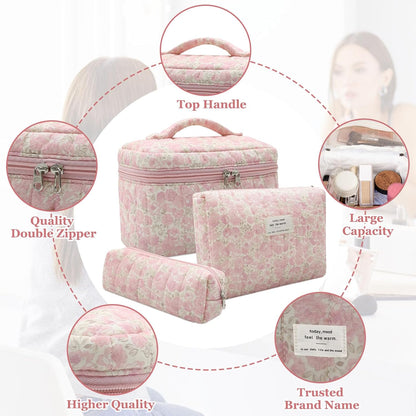 Gosect 3pc Makeup Bag Set, Quilted Makeup Bag Set, Large Floral Cosmetic Bag for Women, Cute Cotton Makeup Bags, Flower Travel Toiletry Organizer Bag (Pink Crushed flower)