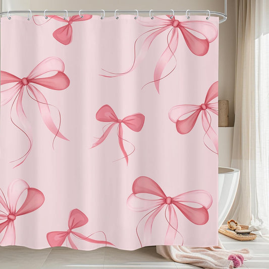 Pink Bow Shower Curtain 72Wx72H Inches, Modern Cute Girly Shower Curtains for Bathroom, Coquette Preppy Aestheic for Teen Girl Bathroom Decor Polyester Waterproof 12 Hooks