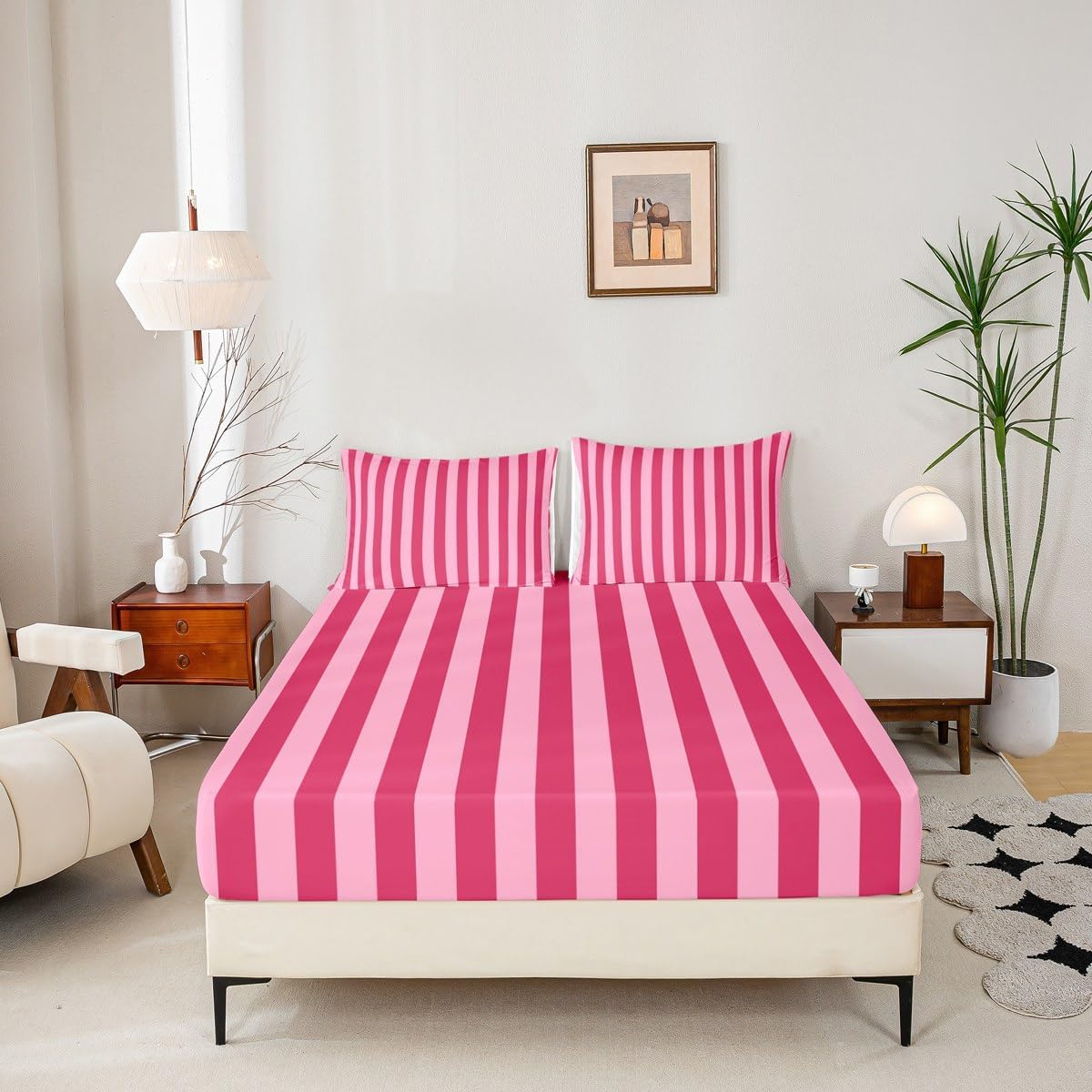 Rose Pink Red Bedding for Kids Boys Girls Abstract Stripes Bed Sheets Set King Size Geometric 4 Pieces Sheet with 16 Inch Deep Pockets Bedroom Decor Breathable Soft Lightweight Microfiber Modern 4Pcs