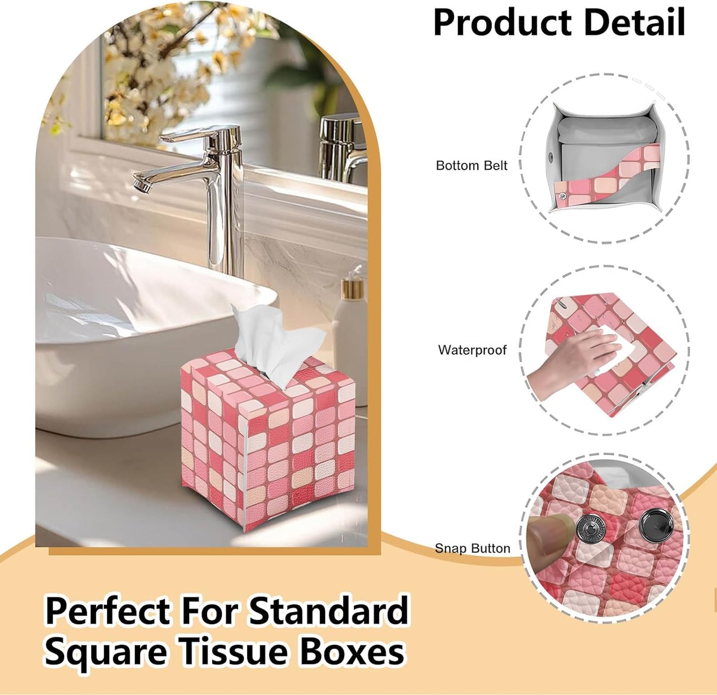Tissue Box Cover, Square with Bottom Metal Button Belt, PU Leather Pink Checkerboard Decorative Tissue Holder and Organizer for Tabletop, Bathroom, Office, Car