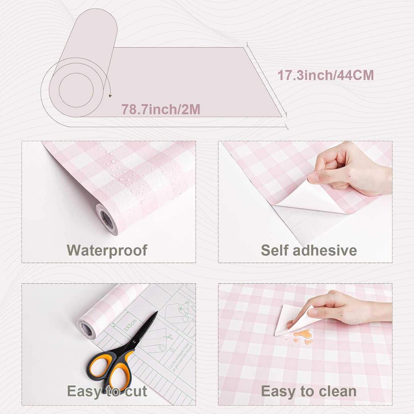 Cohoo Home Pink Plaid Peel and Stick Wallpaper Boho Plaid Contact Paper for Cabinets Pink Checkered Gingham Contact Paper Self Adhesive Removable Wallpaper Bathroom Nursery Waterproof 17.3inW 78.7inL