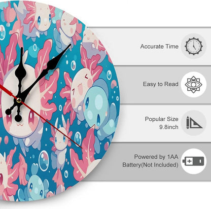 Cute Kawaii Sea Creatures Wall Clock with Pink Coral and Blue Fish Design Battery Operated Round Wooden Clocks Silent Non Ticking for Kids Room Or Nursery Decor 10 Inch