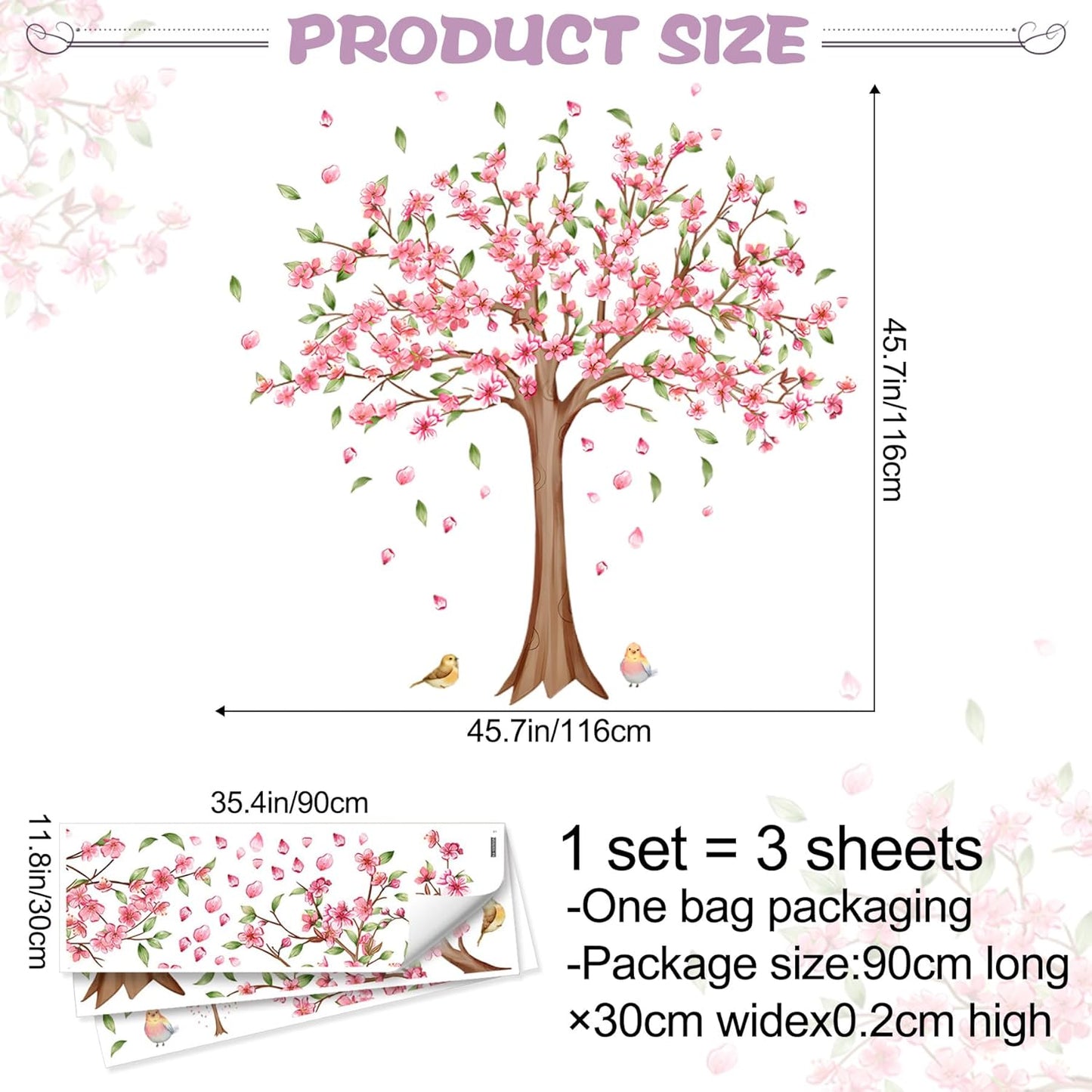 Large Cherry Blossom Tree Wall Decals Pink Peach Flowers Wall Stickers Tree Branch Birds Floral Green Leaves Wall Art Plum Blossom Vinyl Removable Wallpaper for Kids Nursery Home Decor 9265