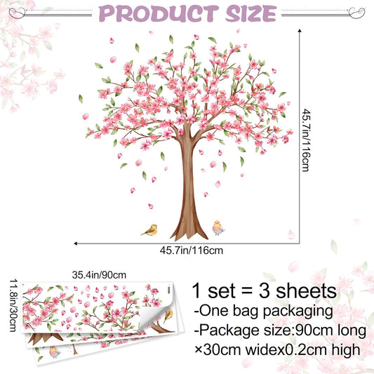 Large Cherry Blossom Tree Wall Decals Pink Peach Flowers Wall Stickers Tree Branch Birds Floral Green Leaves Wall Art Plum Blossom Vinyl Removable Wallpaper for Kids Nursery Home Decor 9265
