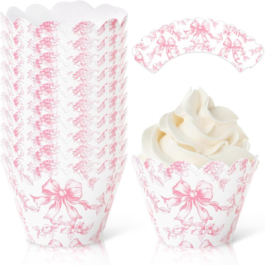 Whaline 48Pcs Pink Floral Bow Cupcake Wrappers Paper Cupcake Liners Chinoiserie Flower Bow Decorative Dessert Holders for Birthday Baby Shower Wedding Party Supplies