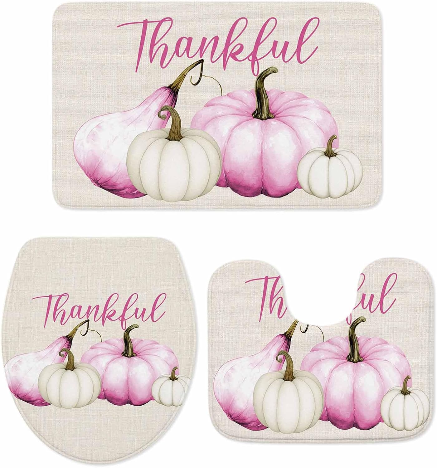 Pink White Pumpkin Bathroom Rug Sets 3 Piece, Non Slip Bath Mat, Fall Thanksgiving Retro Light Beige Absorbent Floor Mats Bath Rugs with U-Shaped Contour Rug Toilet Lid Cover Bathroom Decor Small