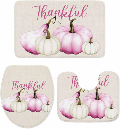 Pink White Pumpkin Bathroom Rug Sets 3 Piece, Non Slip Bath Mat, Fall Thanksgiving Retro Light Beige Absorbent Floor Mats Bath Rugs with U-Shaped Contour Rug Toilet Lid Cover Bathroom Decor Small