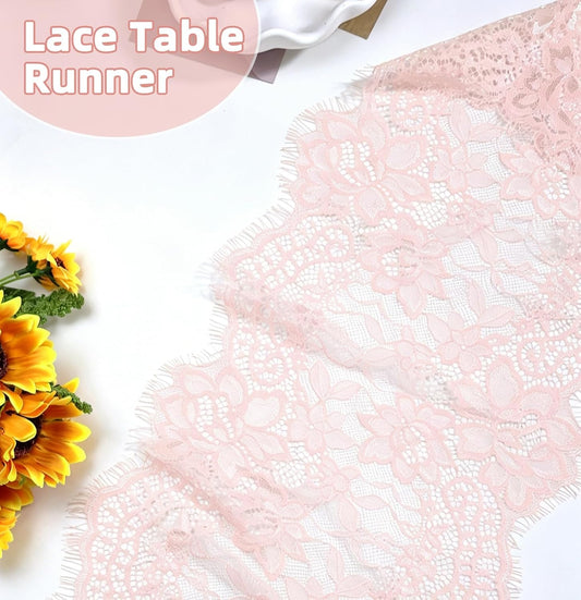 HEIPINIUYE 1 Pcs Pink Lace Table Runner 10 x 120 Inch Pink Embroidered Floral Boho Lace Runners for Tables Wedding Bridal Shower Party Decorations Vintage Rustic Farmhouse Table Runner