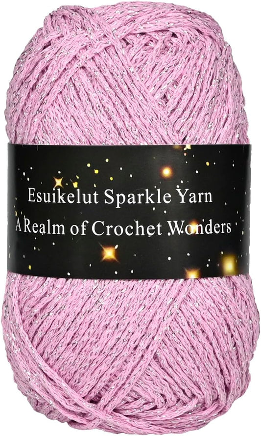 Pink Sparkly Knitting Yarn, 1.5mm Round Hollow Yarn with Silver Sparkling, Silver Metallic Crochet Thread