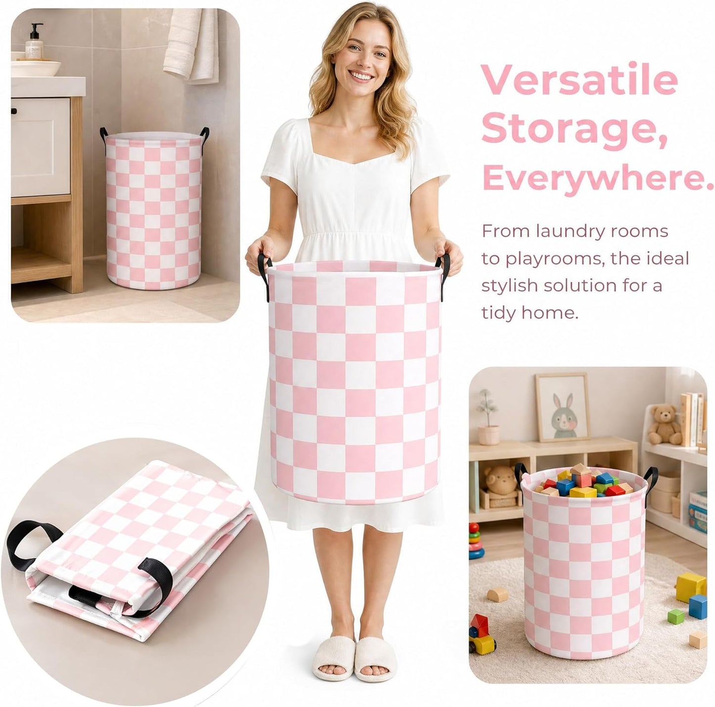 Boys Checkered Laundry Basket Collapsible Baby Gift Hamper Girls Canvas Toy Organizer Bins Kids Car Nursery Room Decor (Pink)