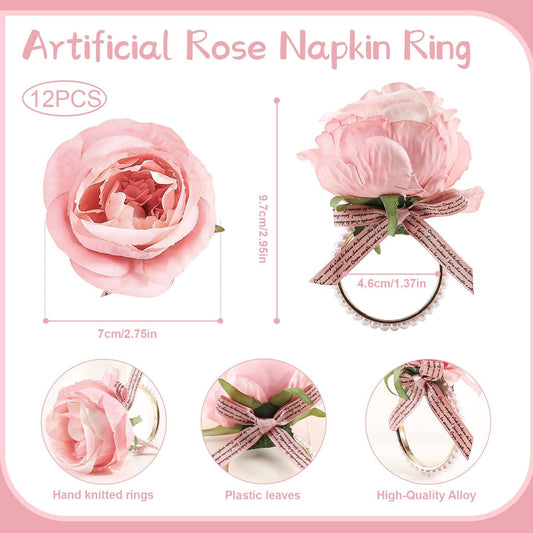 12 Pcs Rose Flower Napkin Rings, Pink Rose Floral Napkin Holders with Pearls Rings for Wedding, Valentine's Day, Luncheons, Birthday Party Dining Table Decor