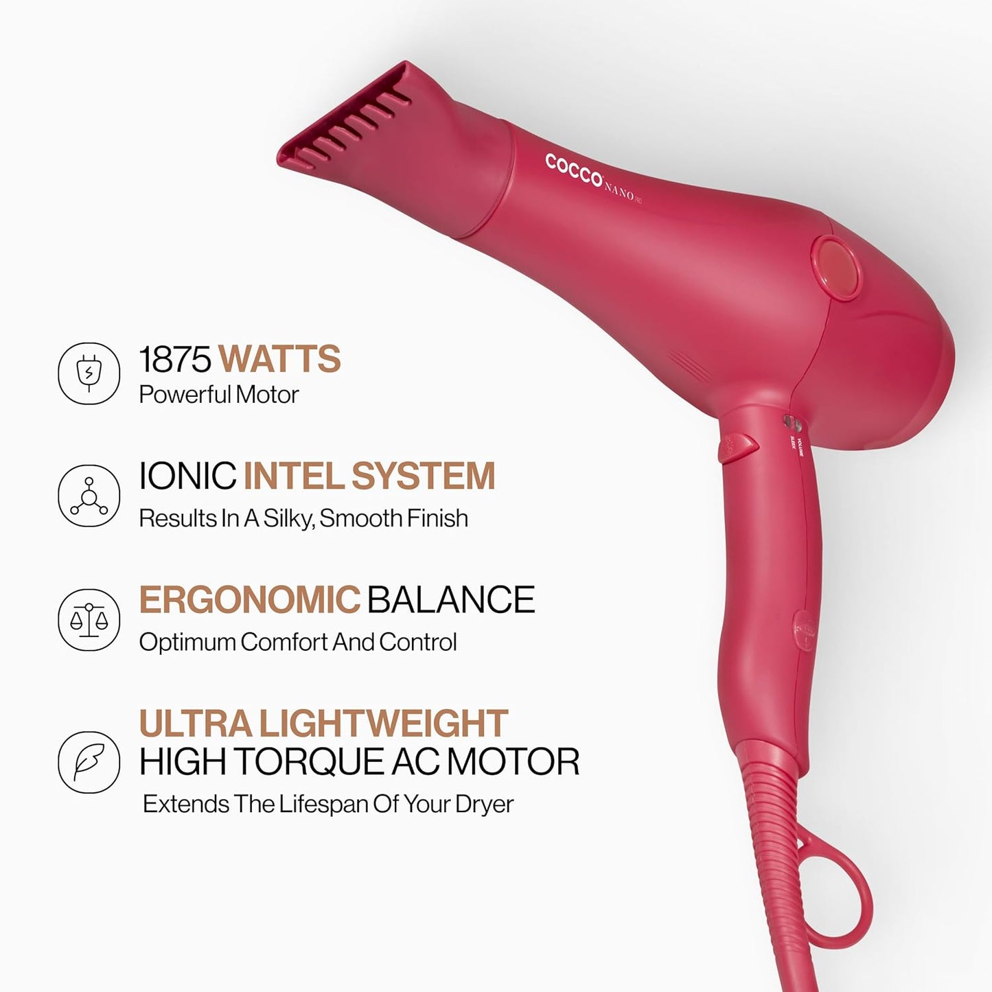 Cocco Nano Pro Hair Dryer, Ultra Lightweight, Ionic Intel System, Ceramic Spheres Technology, Professional Performance, Pink