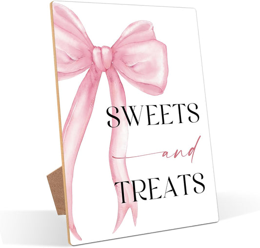 Pink Bow Themed Sweets and Treats Sign, Pink Bridal Shower Decorations, Wedding Signs for Reception, Bridal Shower Table Decor, Reception Tabletop decor for Engagement Bachelorette Party