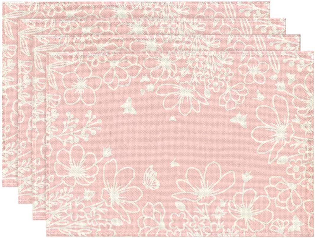 Artoid Mode Pink Bloom Flowers Summer Placemats Set of 4, 12x18 Inch Seasonal Spring Table Mats for Party Kitchen Dining Pink Decoration