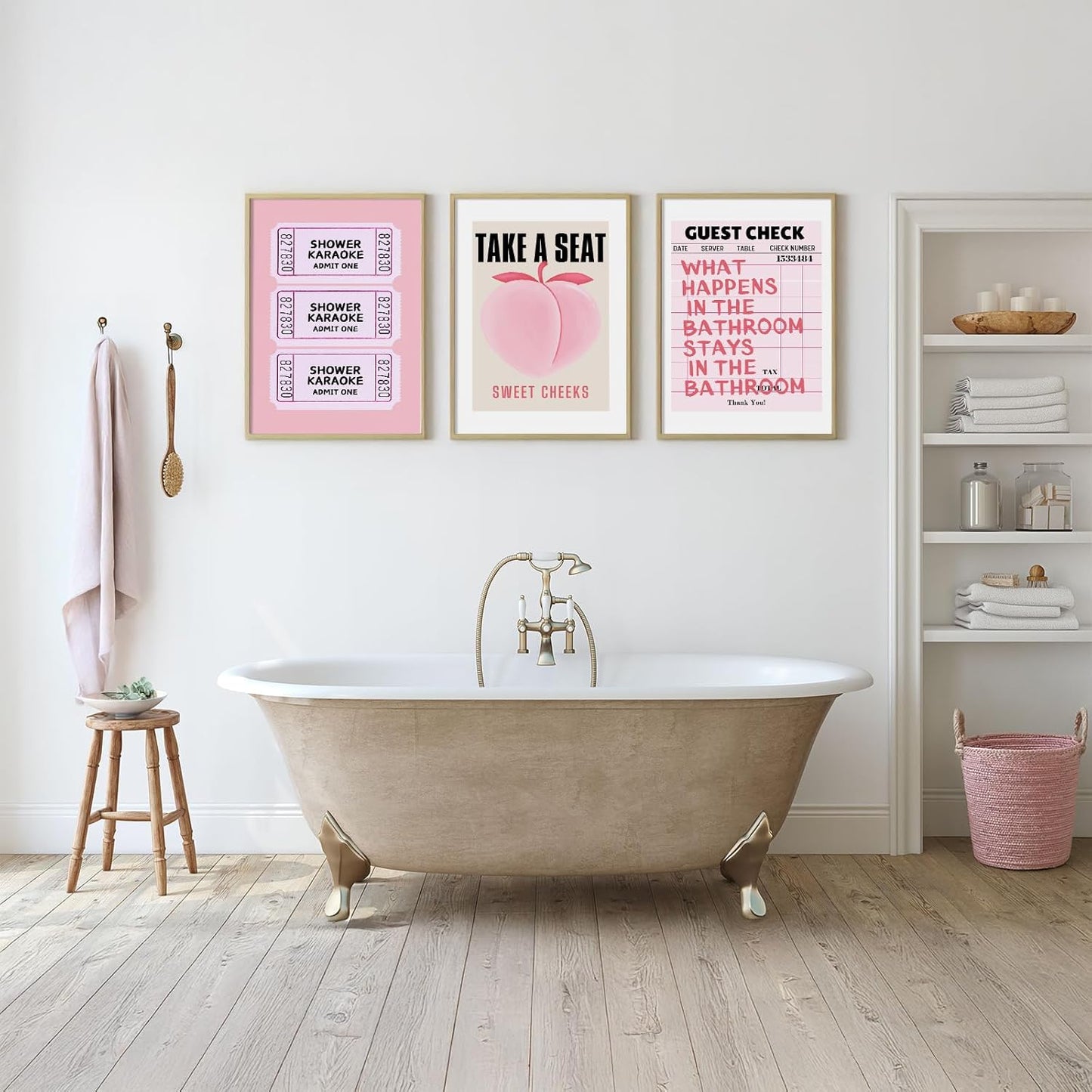 PAINURA Funny Pink Bathroom Wall Art Set of 3 Take a Seat Sweet Cheeks Poster Peach Bathroom Wall Decor Retro Guest Room Prints Girly Aesthetic Preppy Fruit Restroom Pictures 12x16 Inch Unframed