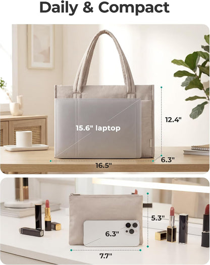 BAGSMART Tote Bag for Women, 2Pc Puffy Tote Bag Set with Zipper, Quilted Large Work Teacher Bag for Travel