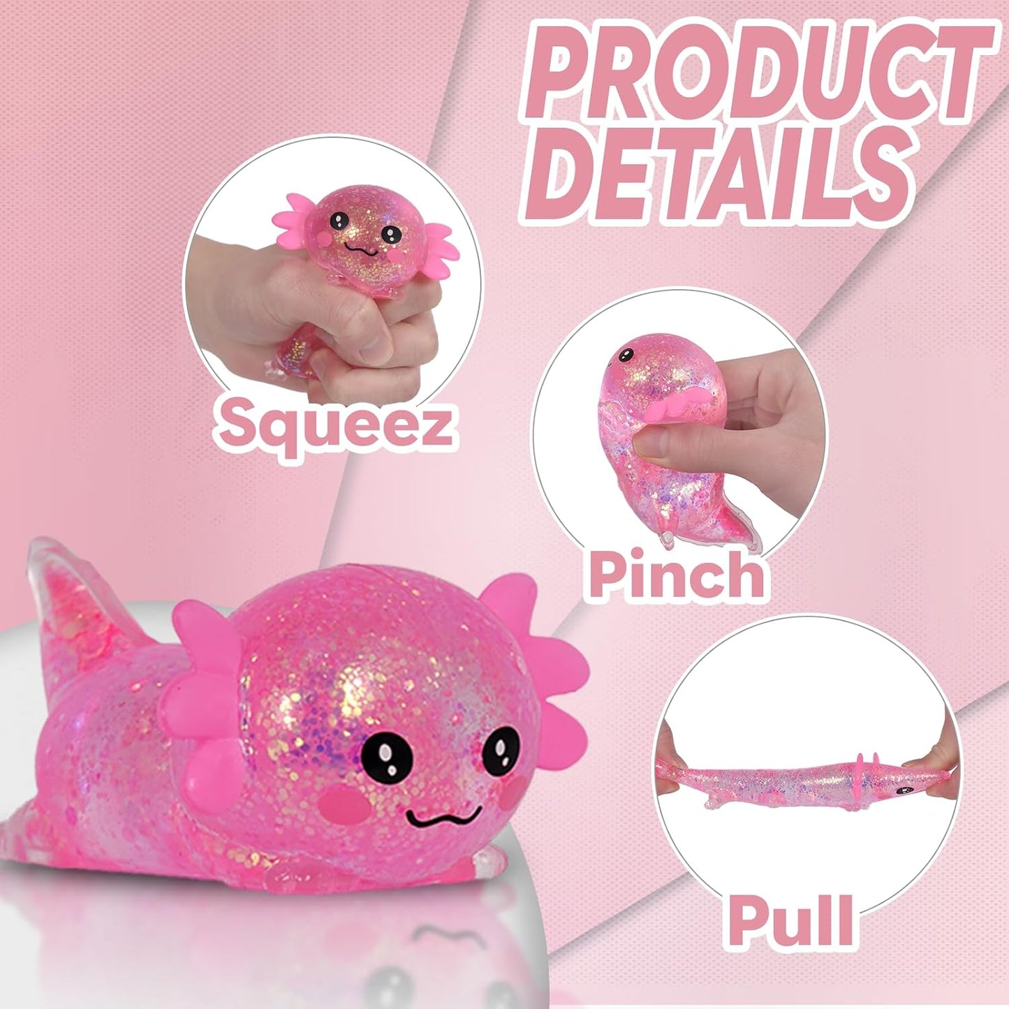 Pink Axolotl Squishy Toys, Lying Pose Squeeze Toys Stress Balls Fidget Toys Sensory Toys for Anxiety Relief & Stress Relief, Cute Not Easy to Fall Off for Kids Boys Girls 3+