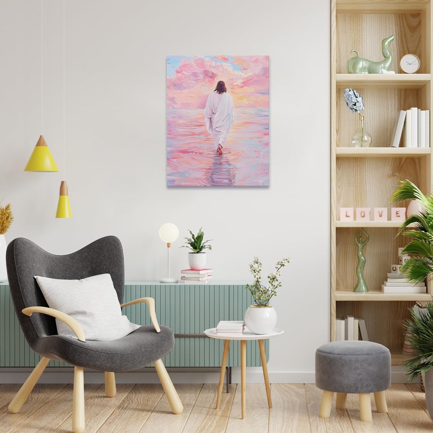 Qabliqo Jesus Walking on Water Framed Wall Art, Pink Pastel Christian Jesus Wall Decor, Christian Religious Canvas Poster Prints Pictures for Home Bedroom Living Room Church, 11x14 Inches