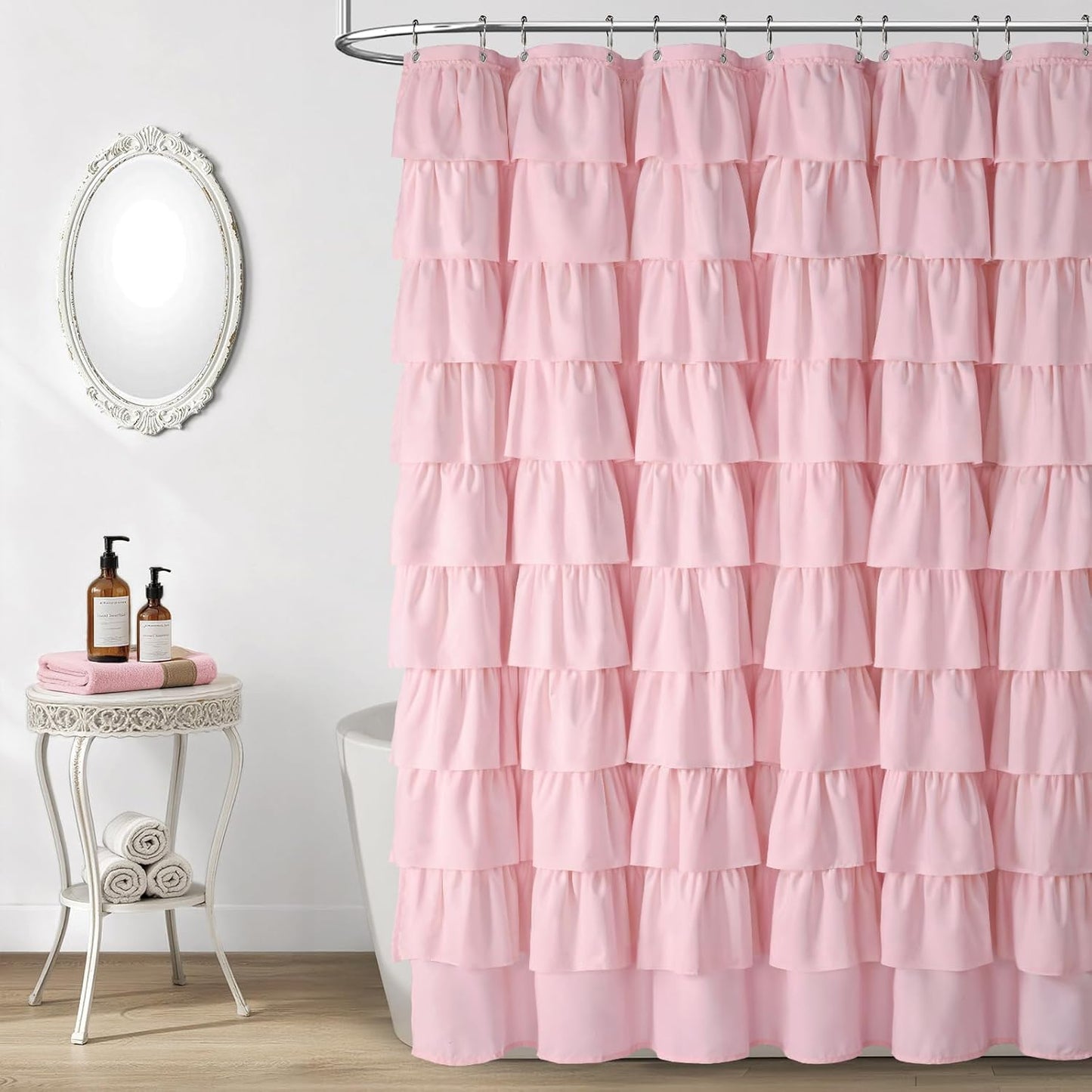 Pink Ruffle Shower Curtains for Bathroom, Cute Farmhouse Boho Fabric Chic Shower Curtain, 72" W x 72" L