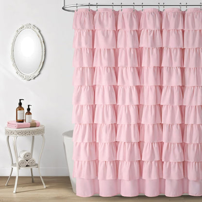 Pink Ruffle Shower Curtains for Bathroom, Cute Farmhouse Boho Fabric Chic Shower Curtain, 72" W x 72" L