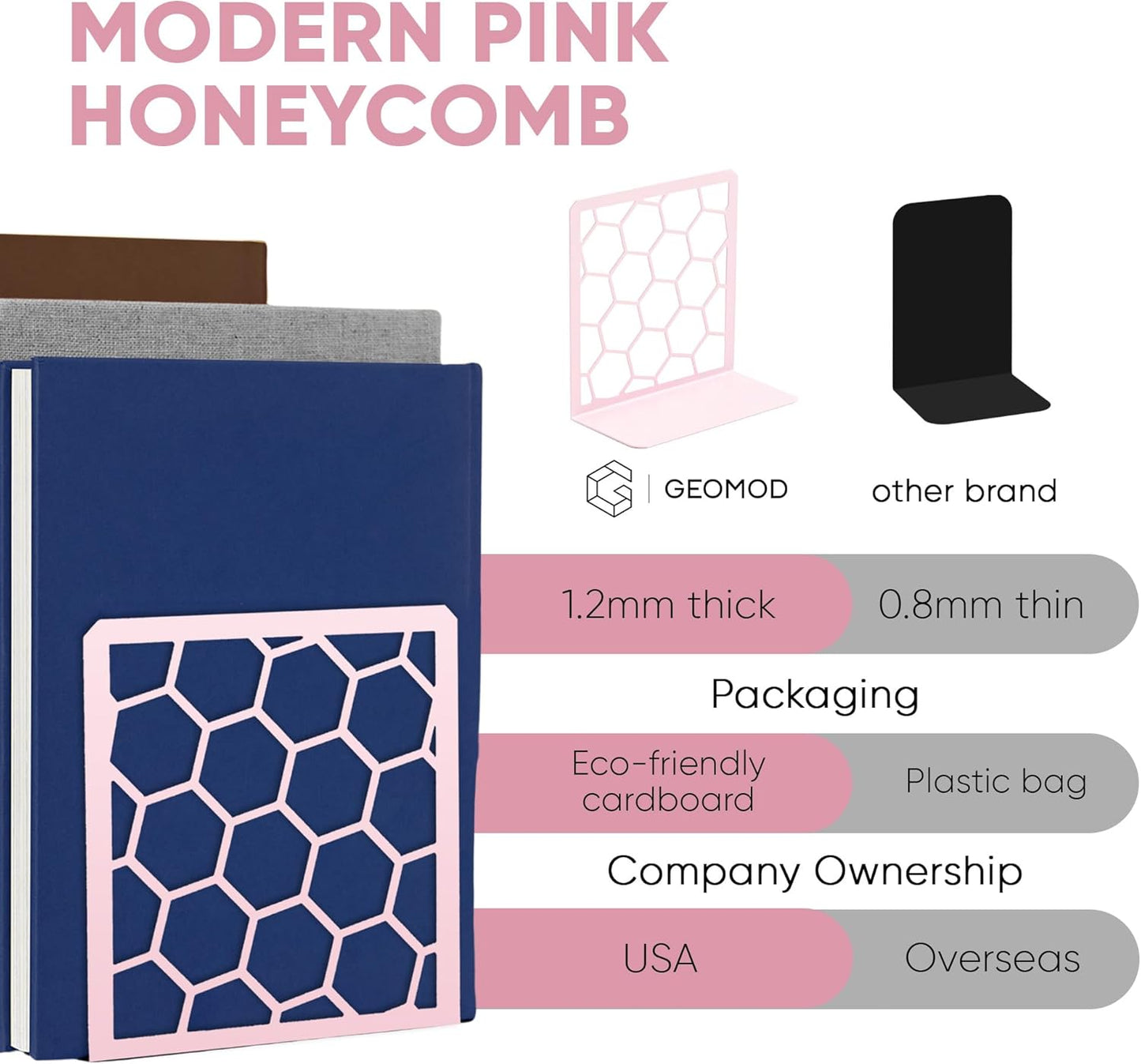 GEOMOD Geometric Honeycomb Pink Metal Bookends Decorative - Tall Sturdy Book Ends for Shelves - Modern Heavy Duty Bookend Stopper - Office or Home Book Shelf Book Holder - 6x3.25x6.25 Inches - 1 Pair