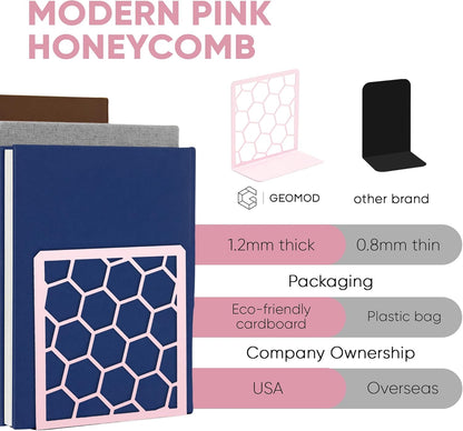 GEOMOD Geometric Honeycomb Pink Metal Bookends Decorative - Tall Sturdy Book Ends for Shelves - Modern Heavy Duty Bookend Stopper - Office or Home Book Shelf Book Holder - 6x3.25x6.25 Inches - 1 Pair