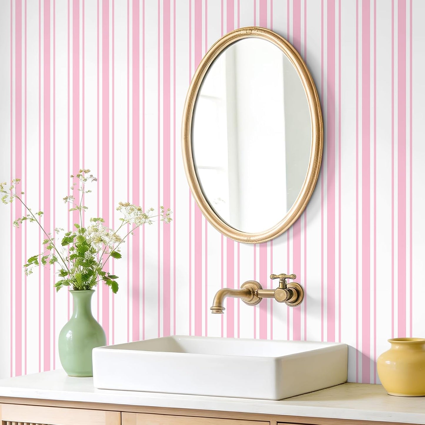 VEELIKE Pink Striped Wallpaper Peel and Stick Preppy Pink Stripe Contact Paper for Cabinets Accent Walls Nursery 17.7''x118'' Removable Self Adhesive Striped Geometric Wallpaper for Bedroom Girls Room