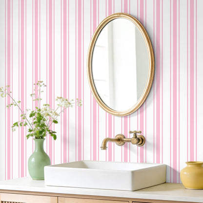 VEELIKE Pink Striped Wallpaper Peel and Stick Preppy Pink Stripe Contact Paper for Cabinets Accent Walls Nursery 17.7''x118'' Removable Self Adhesive Striped Geometric Wallpaper for Bedroom Girls Room