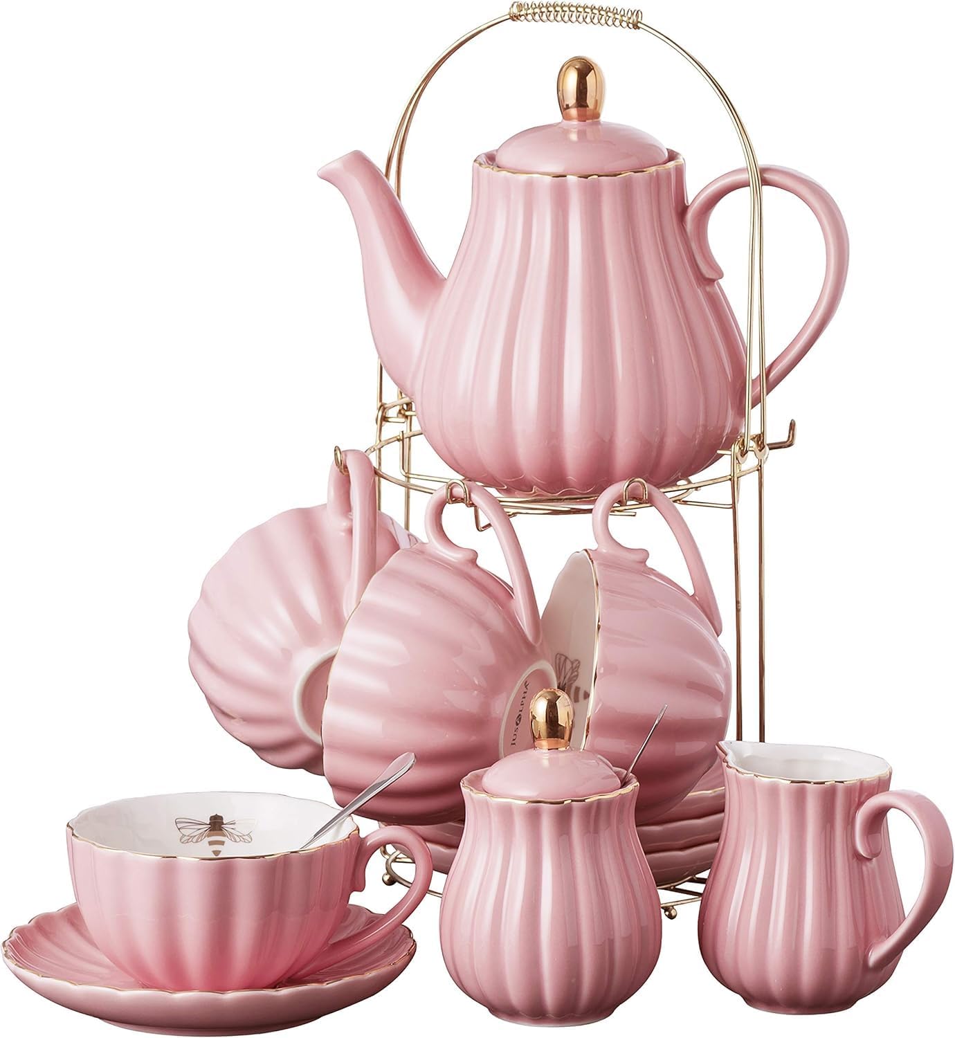 Jusalpha Fine China Pink Coffee Cup/Teacup Set, 7 OZ Cups& Saucer Service for 4, with Teapot-Sugar Bowl-Cream Pitcher Teaspoons and tea strainer for Tea/Coffee, 17-Pieces (TW Full set)