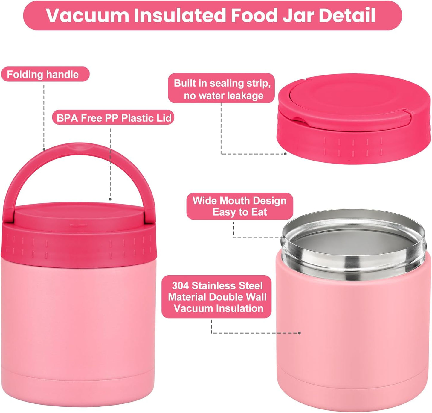 HWONMTE 10.5oz Soup Thermo for Hot Food Kids Adults Insulated Food Jar with Handle Width Mouth Leak Proof Food Containers Stainless Steel Lunch Box for Office School Travel Outdoors (Pink)