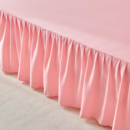 Uozzi Bedding Bed Skirt Queen Size Three Fabric Sides Elastic Dust Ruffled Bed Skirt with Split Corners, Full Ruffles Bed Skirts 16 Inch Drop with Platform, 16'' Queen Pink