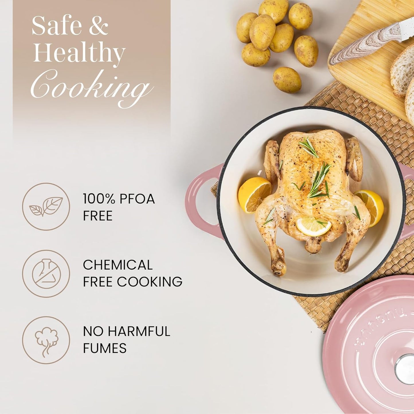 Nuovva Enamelled Cast Iron Dutch Oven Pot with Lid 6.4 Quart Non Stick Casserole Pot-Heavy Duty & Oven Safe up to 500° F for Bread Baking, Braising, Stews, Roasting - 28cm Pink