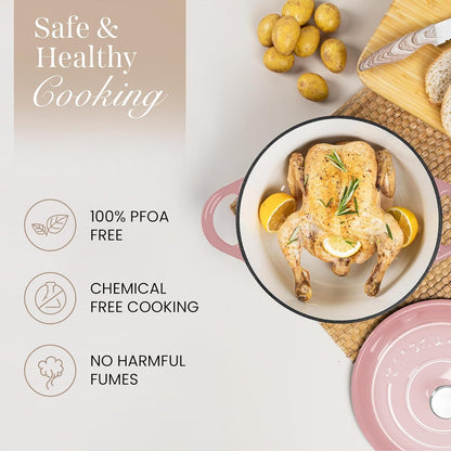 Nuovva Enamelled Cast Iron Dutch Oven Pot with Lid 6.4 Quart Non Stick Casserole Pot-Heavy Duty & Oven Safe up to 500° F for Bread Baking, Braising, Stews, Roasting - 28cm Pink