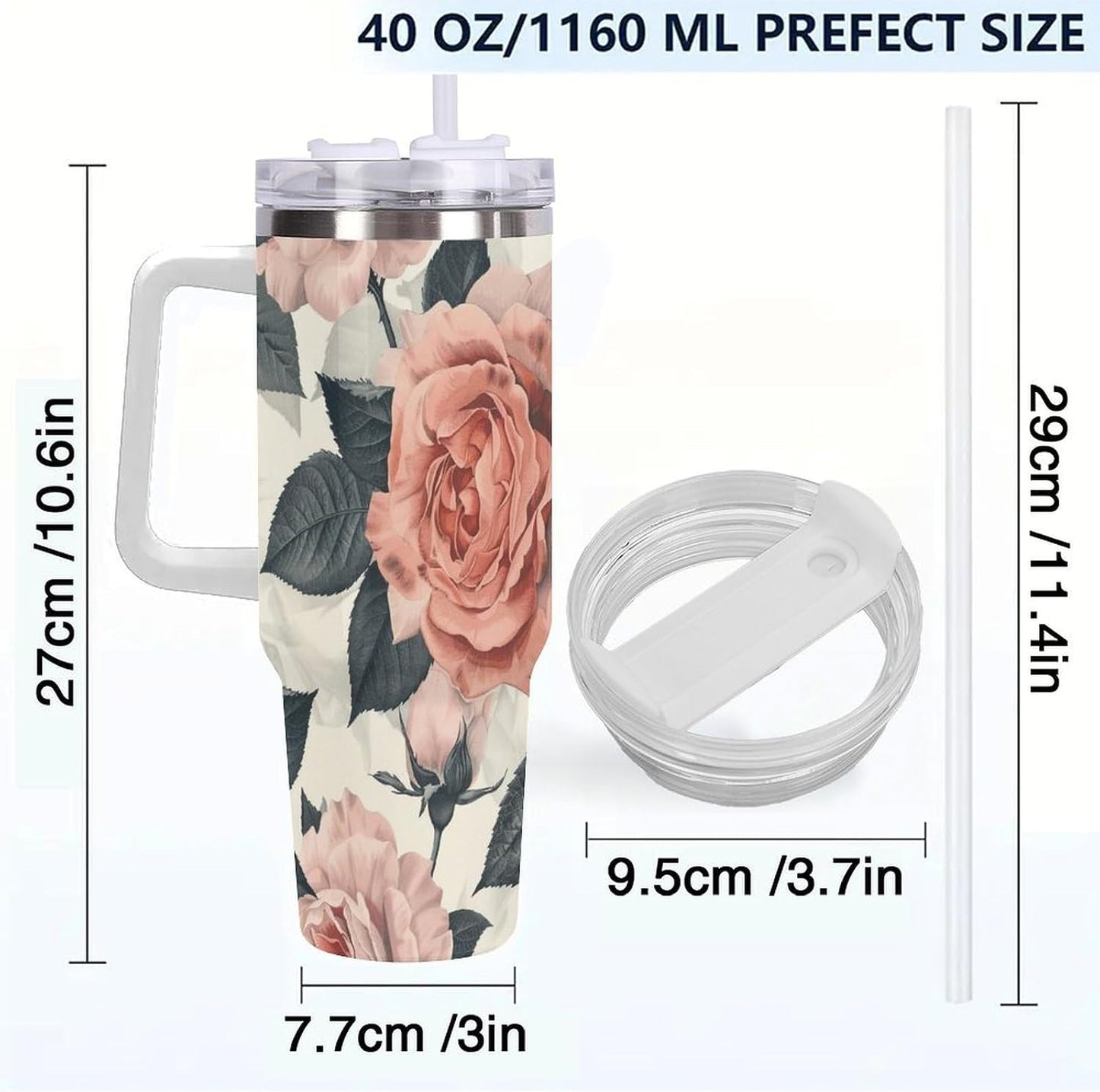 40oz Tumbler with Handle, Peach And White Rose Pattern Printed Stainless Steel Travel Mug, Insulated Car Cup with Straw, Keeps Drinks Hot & Cold, Personalized Gift for Women & Men