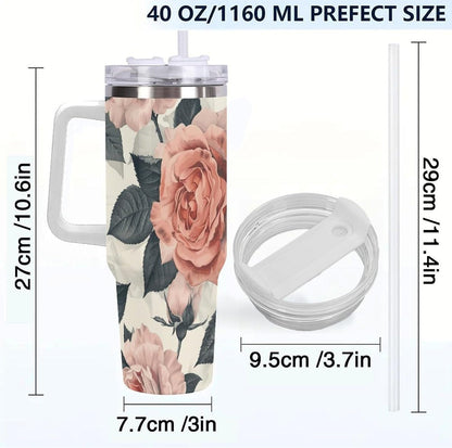 40oz Tumbler with Handle, Peach And White Rose Pattern Printed Stainless Steel Travel Mug, Insulated Car Cup with Straw, Keeps Drinks Hot & Cold, Personalized Gift for Women & Men