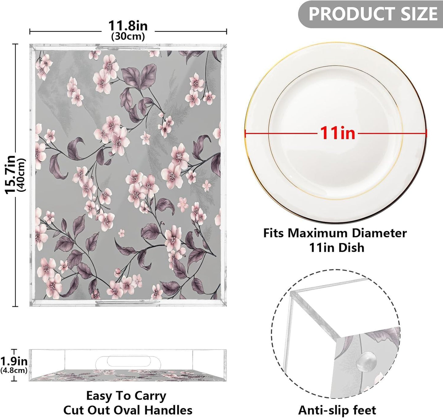 Kigai Peach Flowers Acrylic Serving Tray with Handles 15.7 x 11.8 x 1.9 inch Spill Proof Decorative Tray Countertop Organizer for Living Room Bathroom Ottoman Coffee Tables