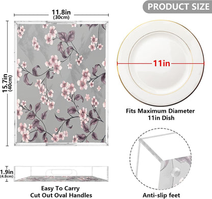 Kigai Peach Flowers Acrylic Serving Tray with Handles 15.7 x 11.8 x 1.9 inch Spill Proof Decorative Tray Countertop Organizer for Living Room Bathroom Ottoman Coffee Tables