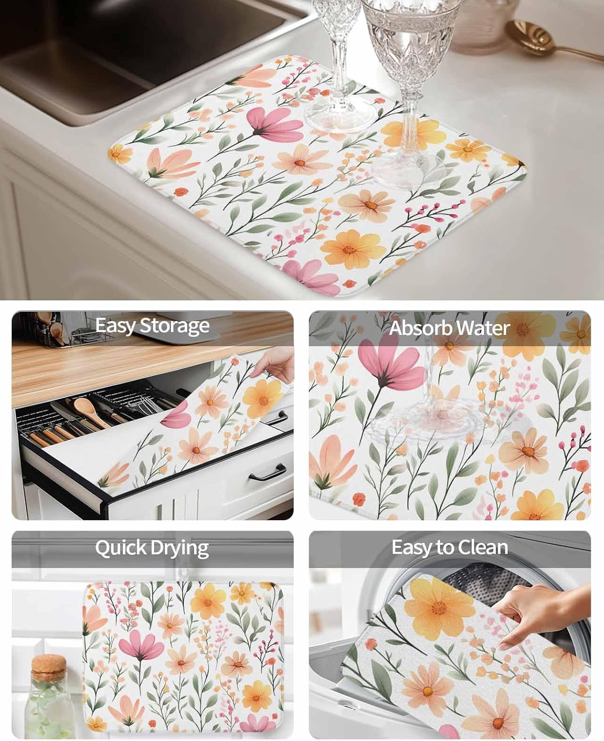 Watercolor Floral Dish Drying Mat for Kitchen Counter Light Pink Wildflowers Leaves Botanical Absorbent Microfiber Quick Dry Pad Non Slip Drainer Mats 18x24 Inch, 2 Pack