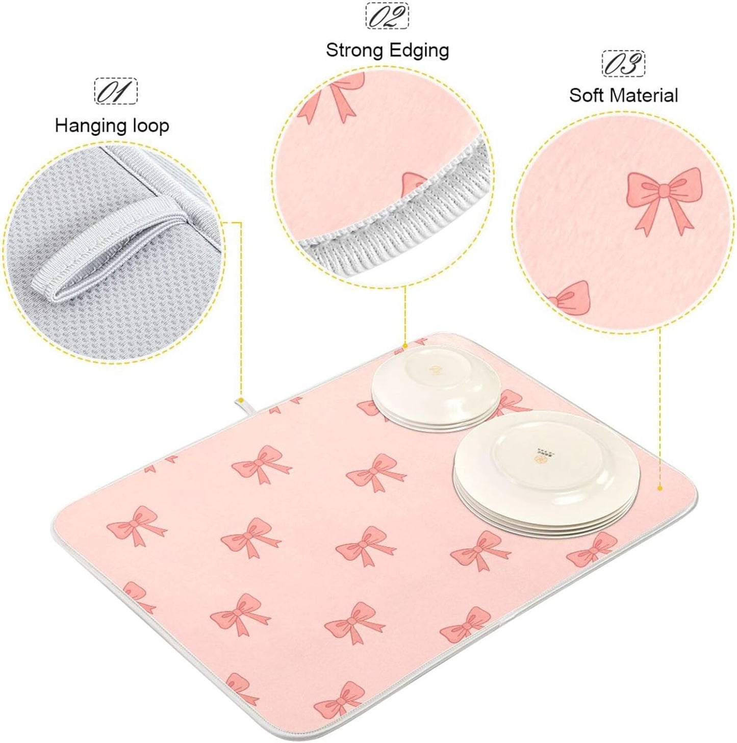 Bow Light Pink Dish Drying Mat for Kitchen Counter with Absorbent Quick Dry Slip Resistant Dish Drying Pad for Sink Coffee Bar Draining Racks, 16 x 18 Inches