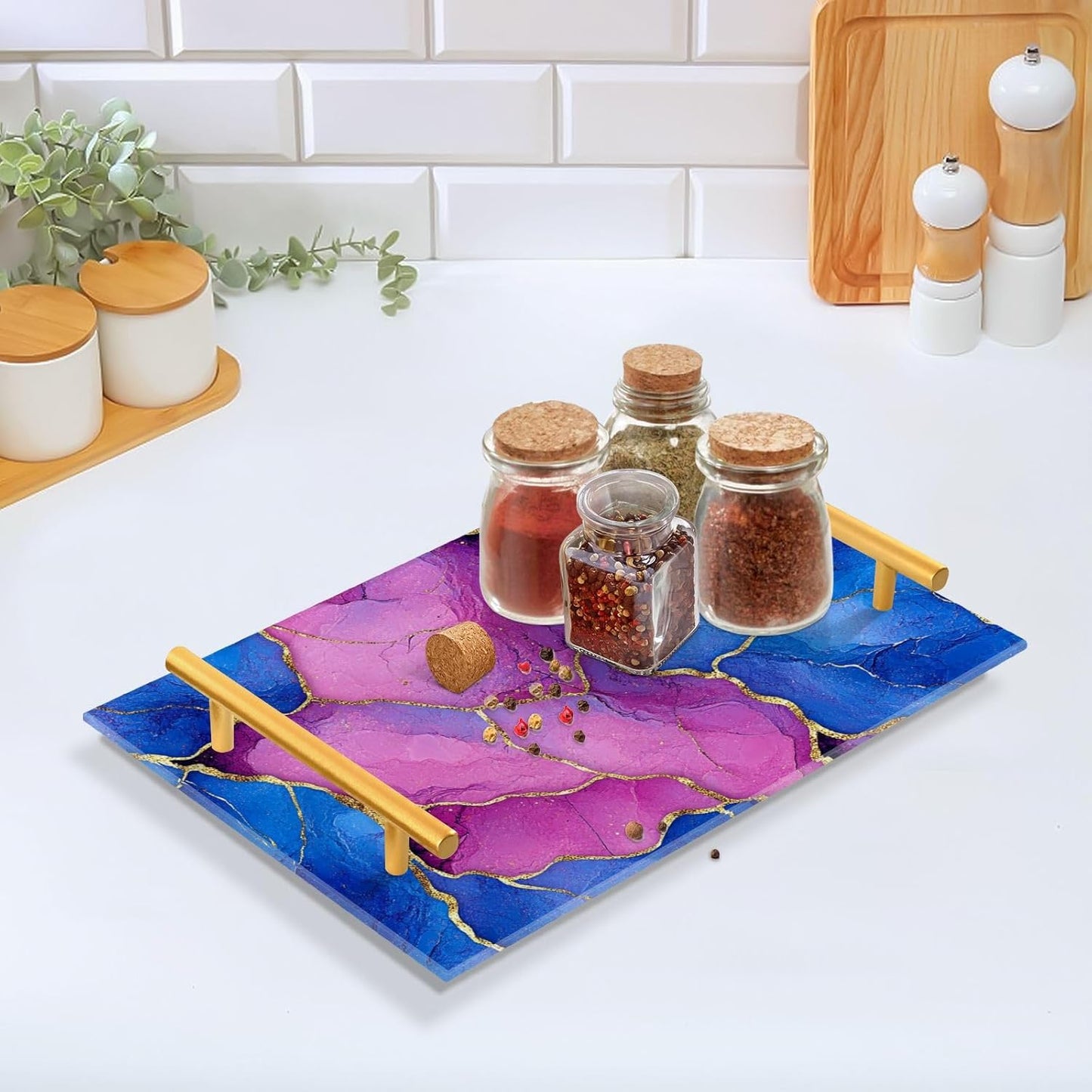 Marble Royal Blue Hot Peach Decorative Breakfast Tray with Handles Drink Serving Tray for Jewelry Perfume for Kitchens & Serving Guests