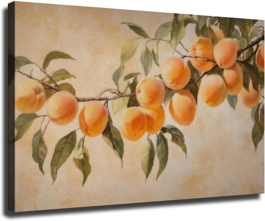 Lush Peach Branch Wall Art, Rustic Farmhouse Kitchen Wall Decor, Vintage Fruit Peach Aesthetic Room Decor for Living Room Ready To Hang (Framed,08×12-inch)