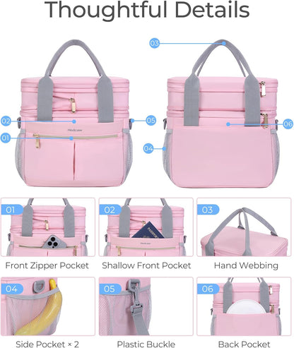 Lunch Box for Women Double Deck Insulated Lunch Bag Women Expandable Leakproof Reusable Lunch Cooler Bag for Work, Office, Picnic, Pink