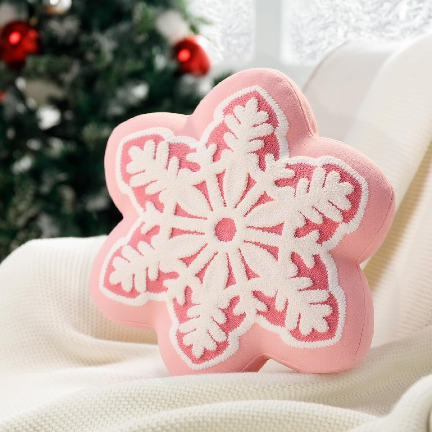 Phantoscope Merry Christmas Snowflake Shaped Throw Pillow, Velvet Xmas Embroidered Snowflake Pillow Decorative Christmas Cushion Pillow for Couch Living Room Bed, Pink, 16 x 16 inches