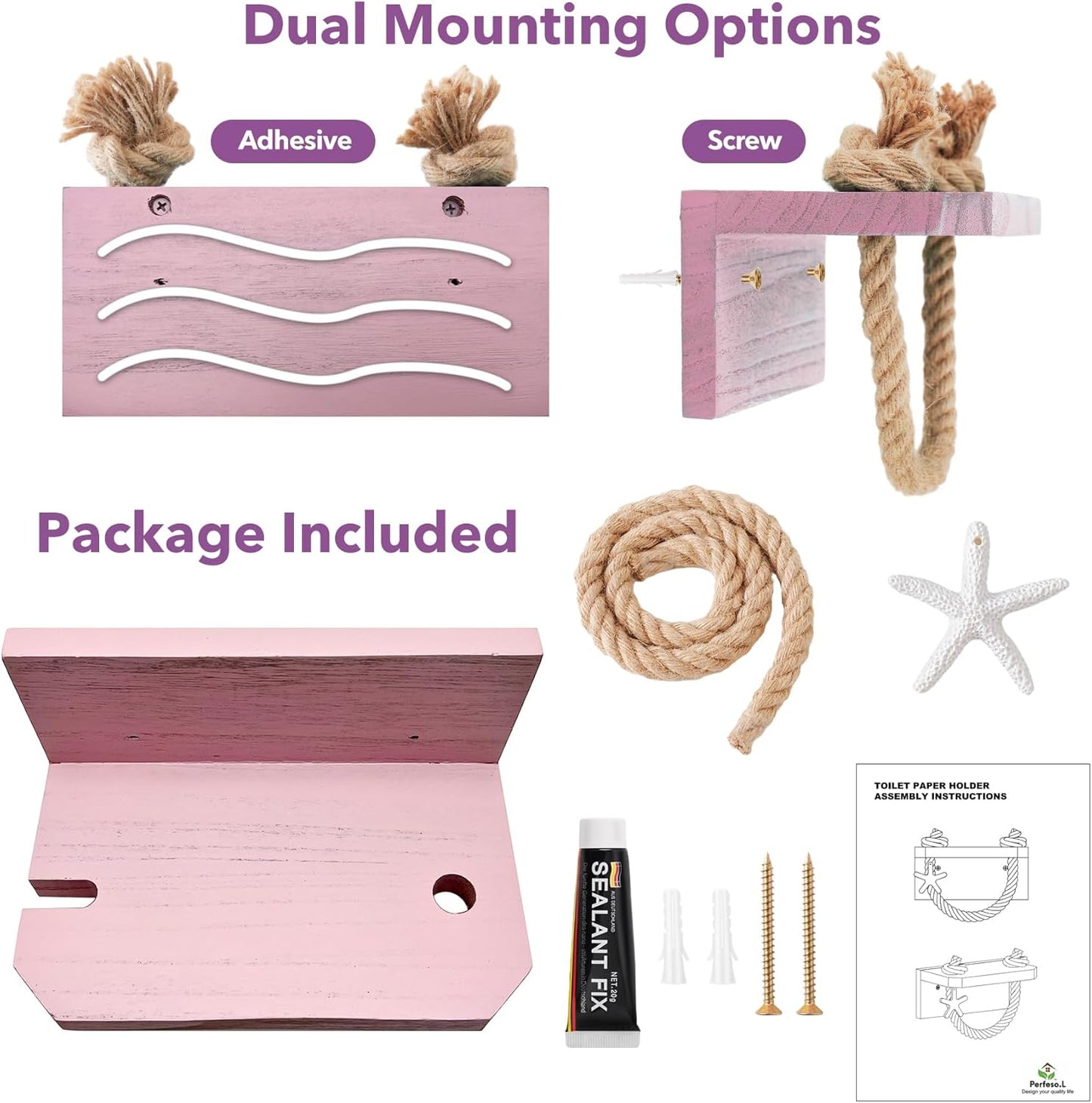 Mermaid Toilet Paper Holder - Pink Beach Coastal Rope Bathroom Decor with Starfish Wall Mount, Farmhouse Tissue Holder with Wood Shelf, Rustic Towel Rack Bathroom Accessories