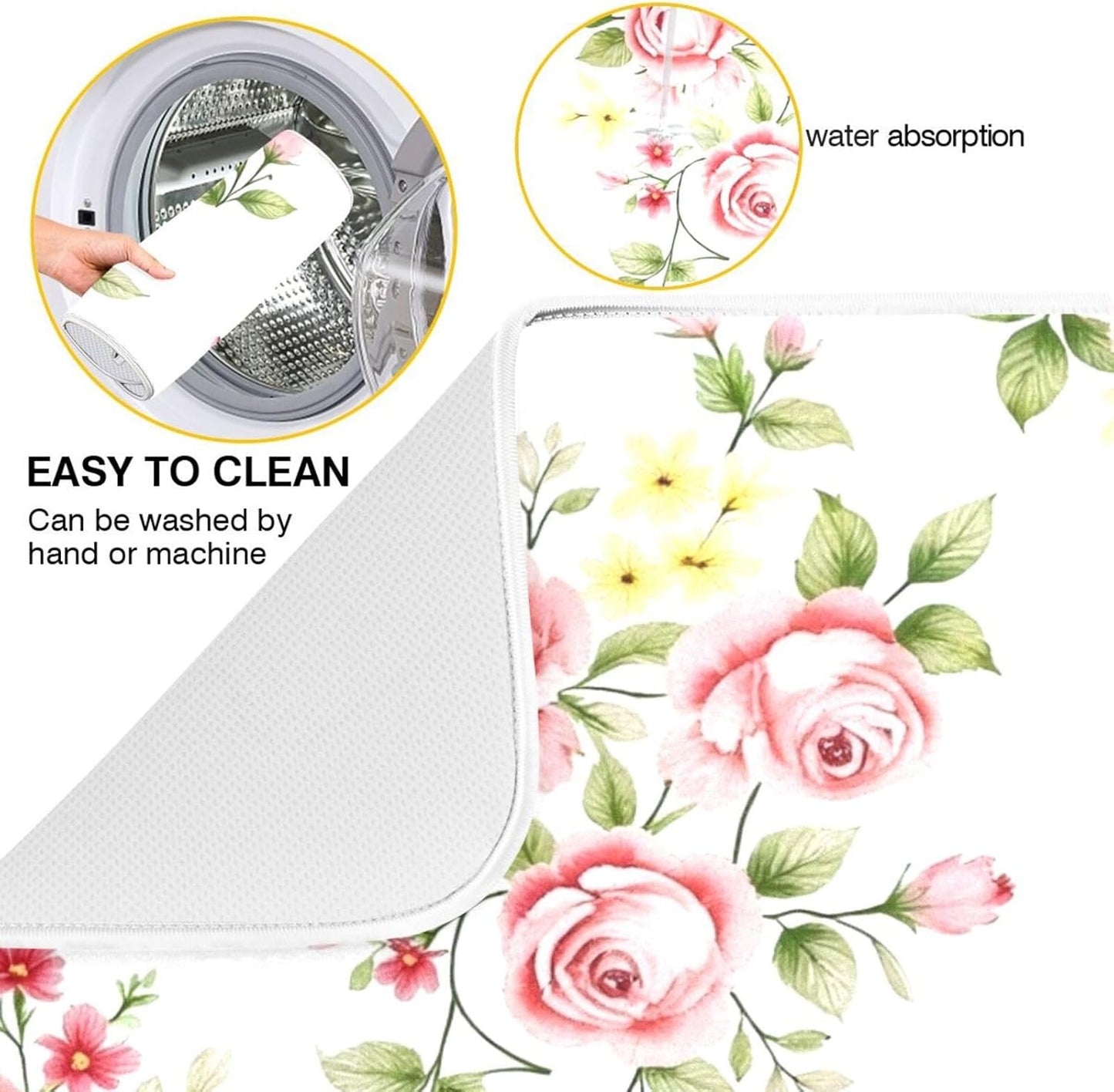 Flower Dish Drying Mat for Kitchen Counter, Pink Rose Flower Floral Drying Pad Absorbent Dishes Drainer Mats Trivet 16 x 18 Inch