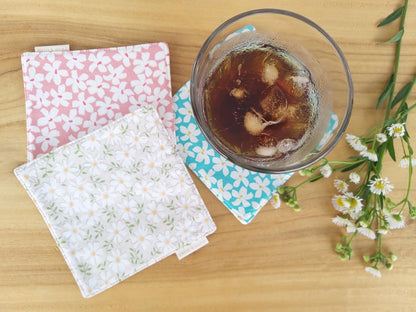 RUTH&BOAZ Floral, Animal, Tiedye 100% Cotton Fabric Coasters for Drinks and Home Dinners/Set of 6/4" Square (CHERRY BLOSSOMS PINK)